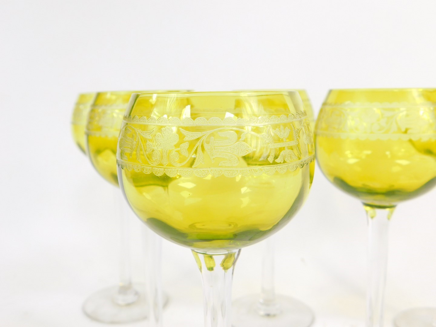 A set of six 20thC French apple green high stem wine glasses, etched with a band of fleur de lys and - Image 2 of 2