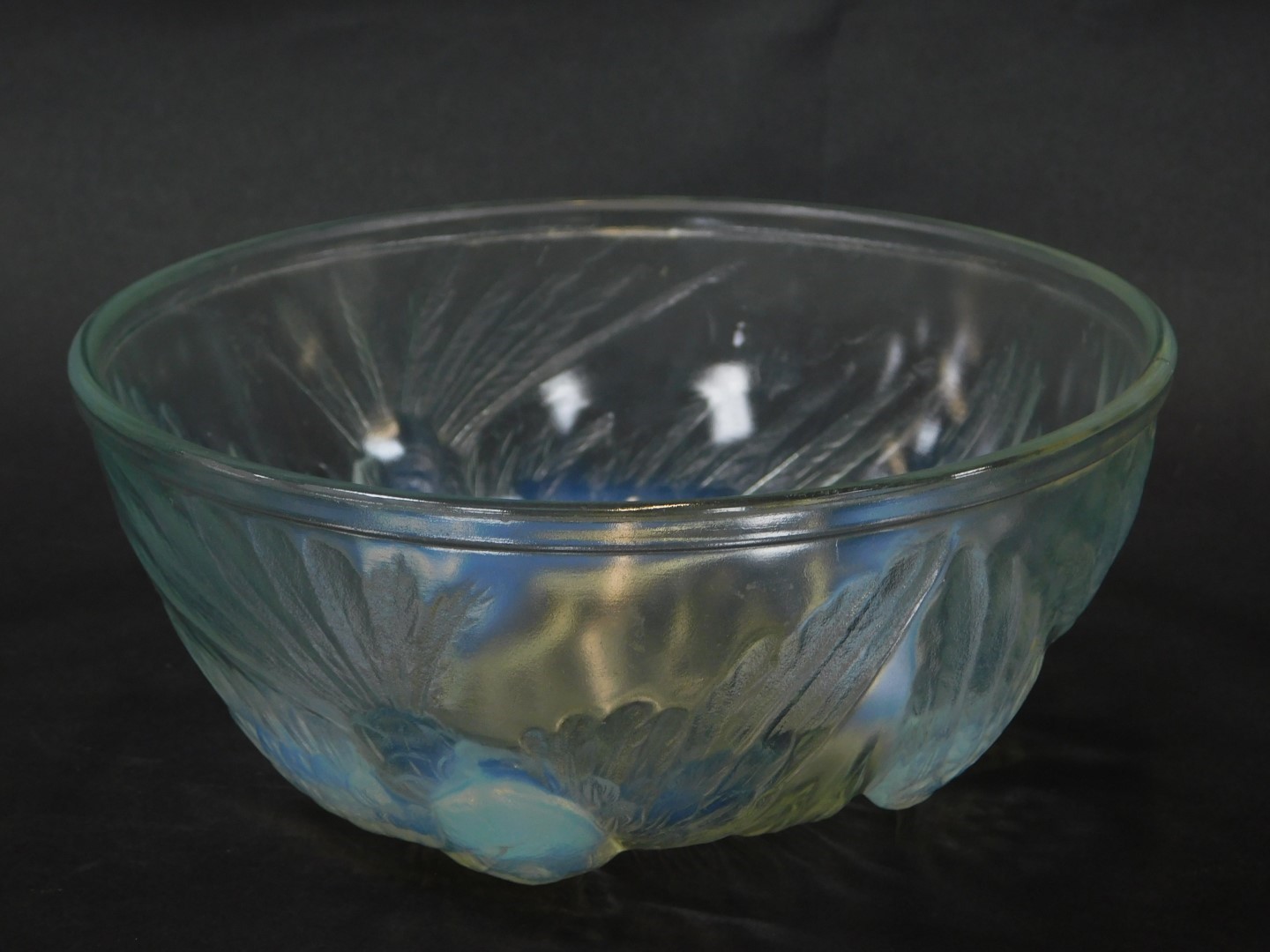 A Jobling 1930's opalescent glass bowl, moulded with three birds, bears registered number, 18.5cm