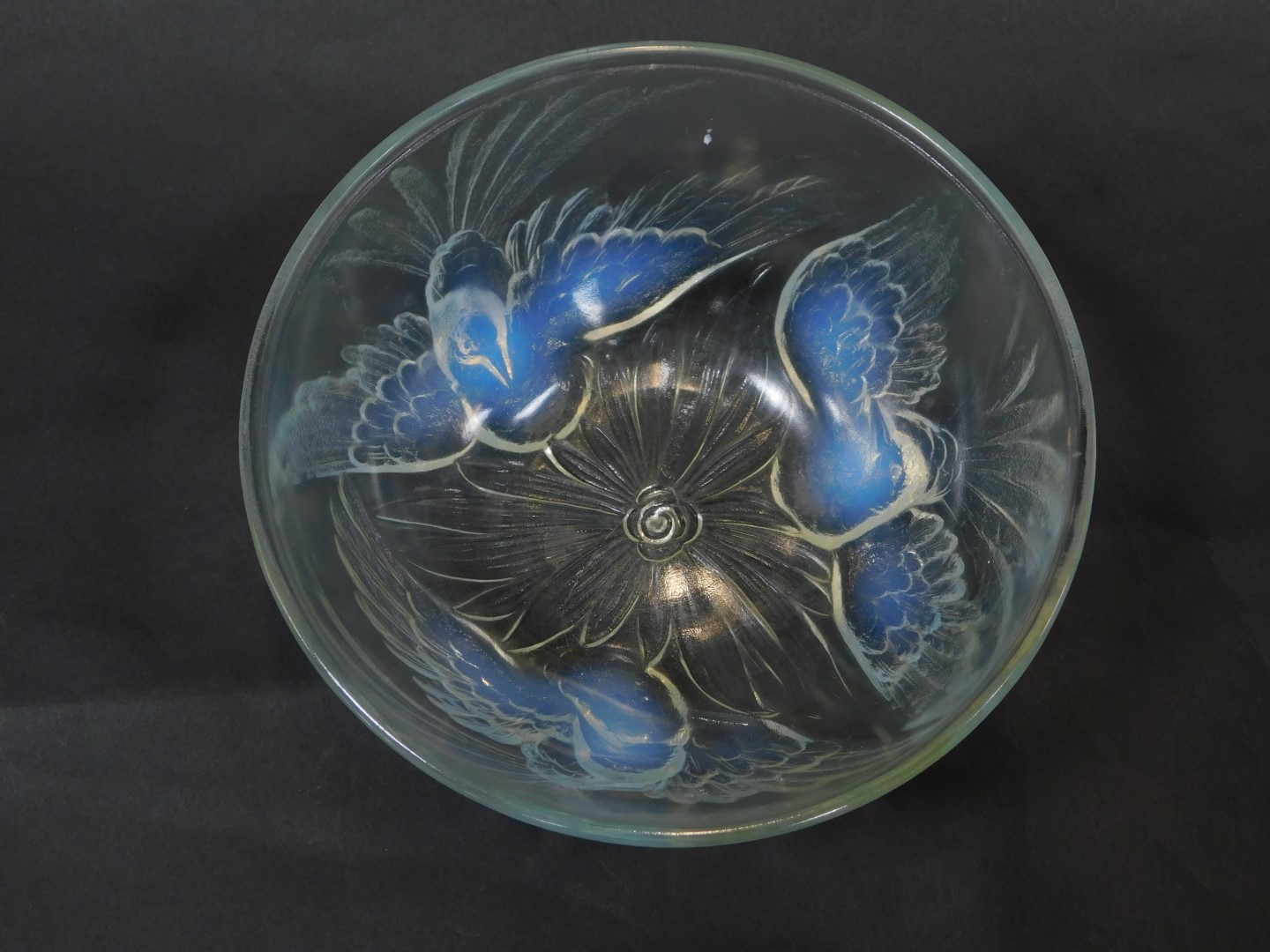 A Jobling 1930's opalescent glass bowl, moulded with three birds, bears registered number, 18.5cm - Image 2 of 3