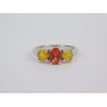 A silver Mongolian andesine and Ethiopian opal three stone ring, 1.45ct, size O, with certificate.