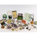 Silver and costume jewellery, including a silver and abalone necklace, silver and enamel town