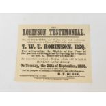 A Mid 19thC poster entitled 'The Robinson Testimonial', requesting the attendance of a meeting at