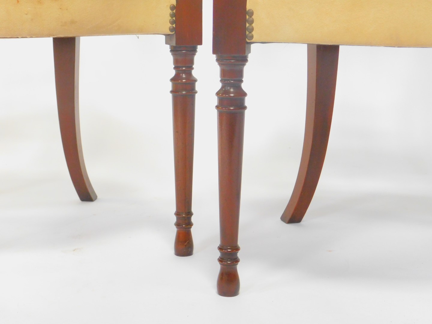 A pair of early 20thC Hepplewhite style mahogany wheel back carver chairs, with pigskin leather - Image 3 of 3
