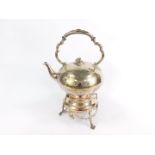 A Victorian silver plated tea kettle on stand, with burner, with engraved floral and foliate