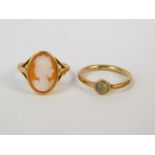 A 9ct gold and cameo ring, bust portrait of lady, size O, and 9ct gold and moonstone set ring,