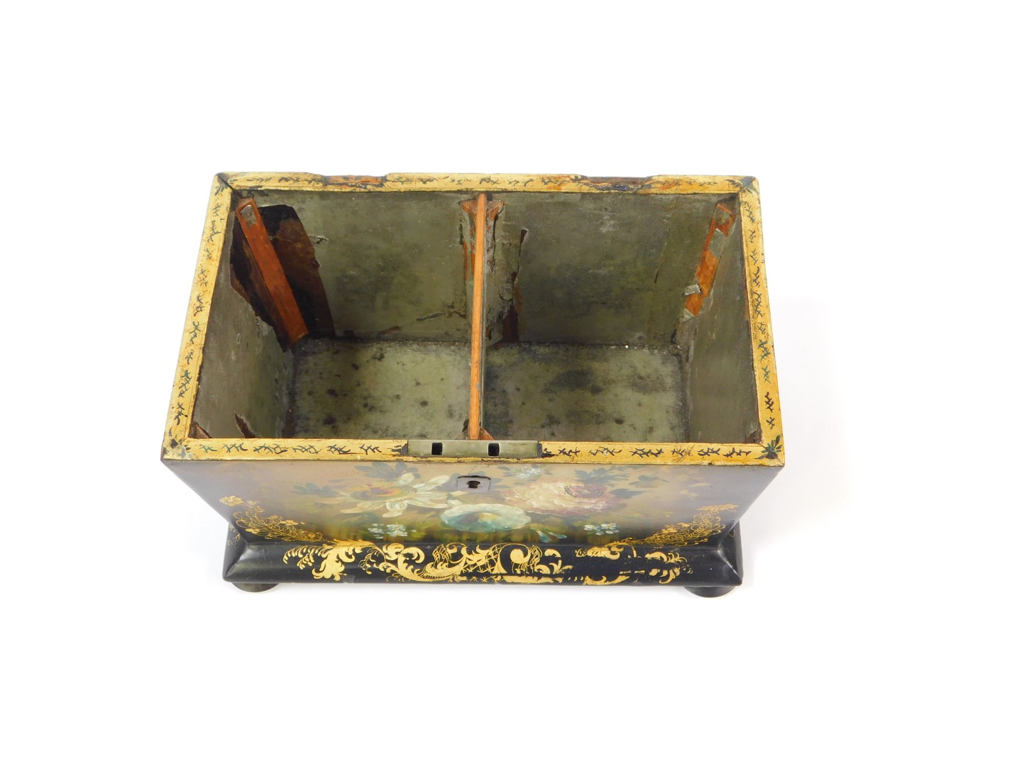 A Victorian papier mache tea caddy, Manner of Jennins & Bettridge, of twin division sarcophagus form - Image 3 of 5