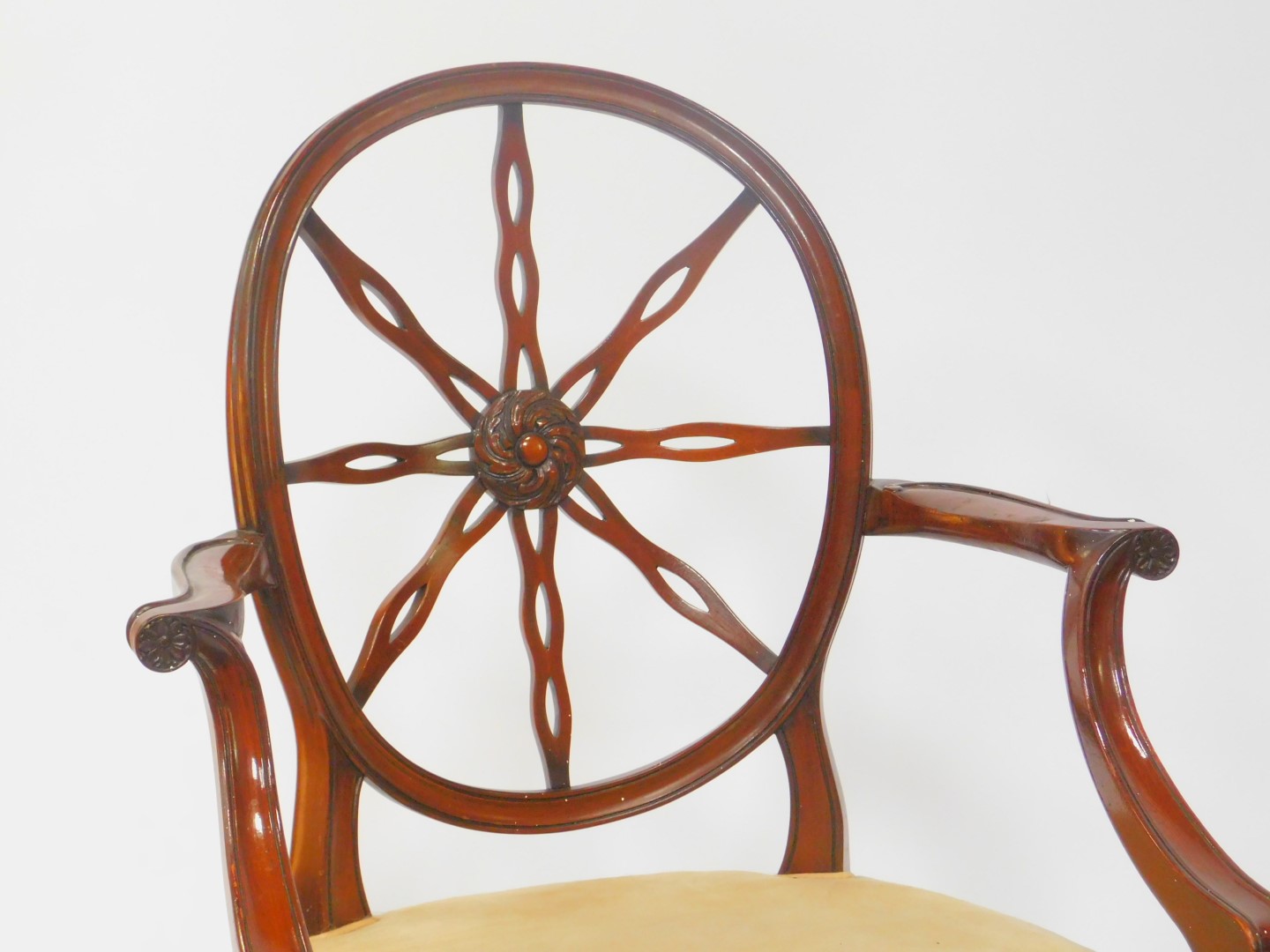 A pair of early 20thC Hepplewhite style mahogany wheel back carver chairs, with pigskin leather - Image 2 of 3