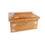 A Regency rosewood and mother of pearl inlaid tea caddy, of sarcophagus form, with floral