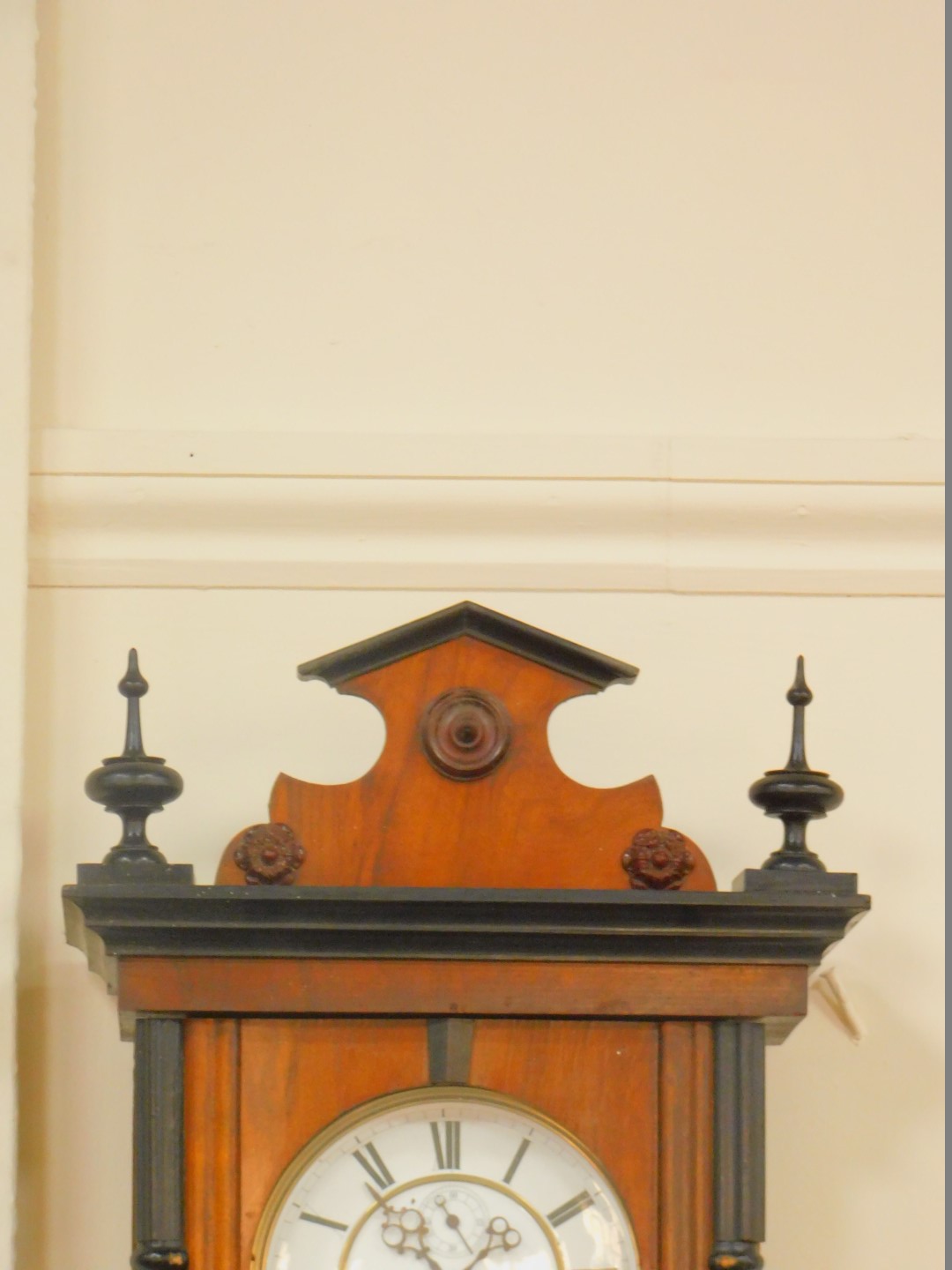 A late 19thC Continental walnut and ebonised Vienna wall clock, circular enamel dial bearing Roman - Image 2 of 3