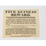 A Mid 19thC reward poster for five guineas, relating to an incident regarding the garden of Mr