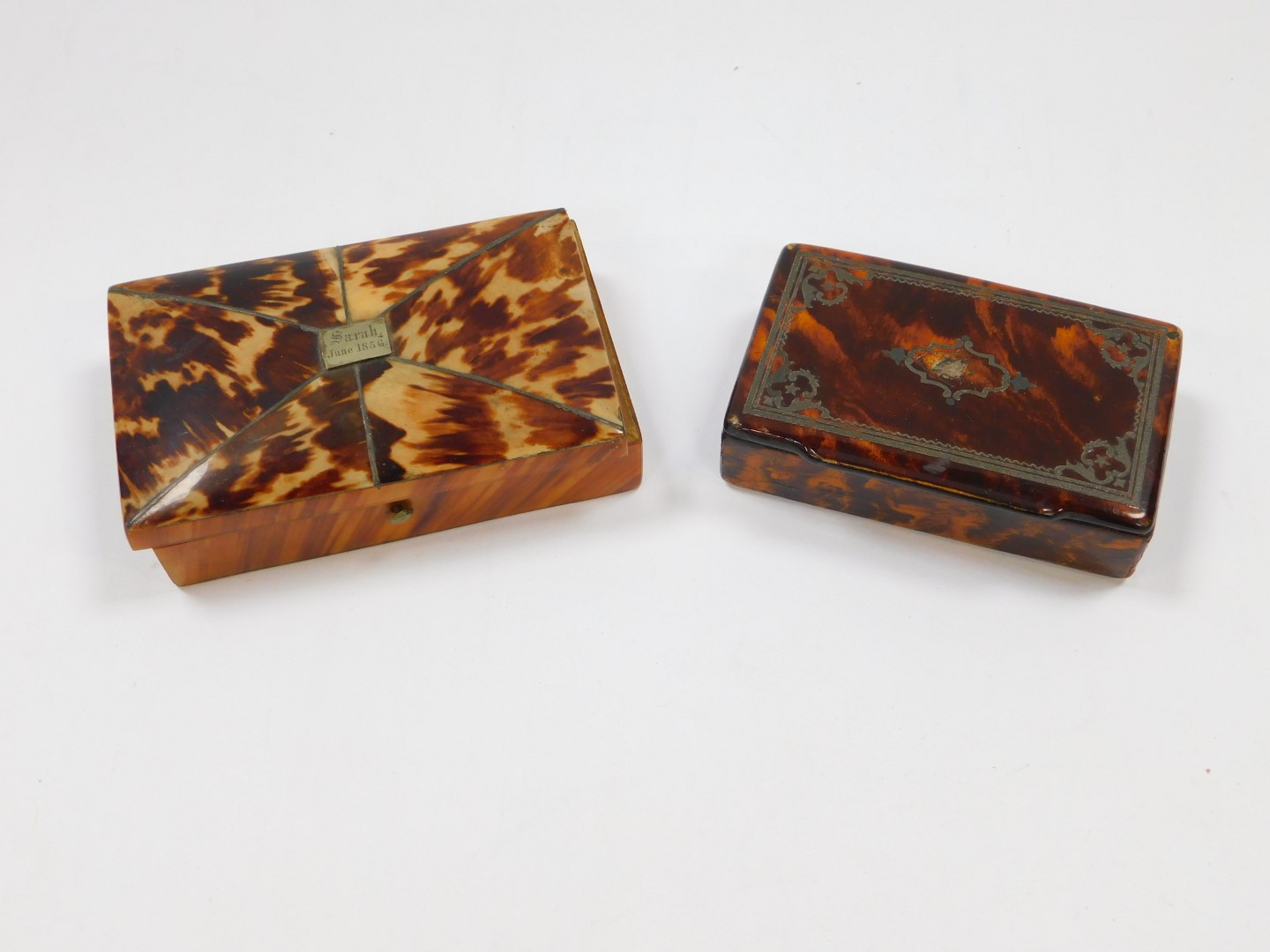 A Victorian blond tortoiseshell box, with silver wire inlay, rectangular plate to lid, engraved