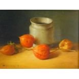 Frederic Smoolenaers (Dutch, b.1951). Still life of a jar with Physalis, oil on board, signed, dated