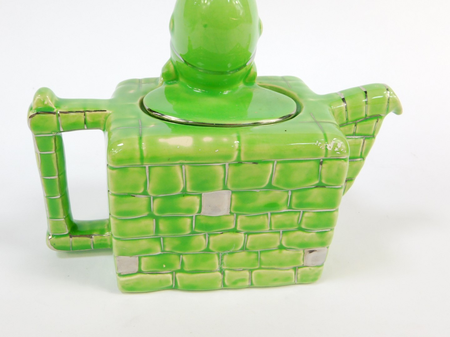 A Lingard pottery teapot modelled as Humpty Dumpty, sitting on the wall, green and silver lustre - Image 3 of 3