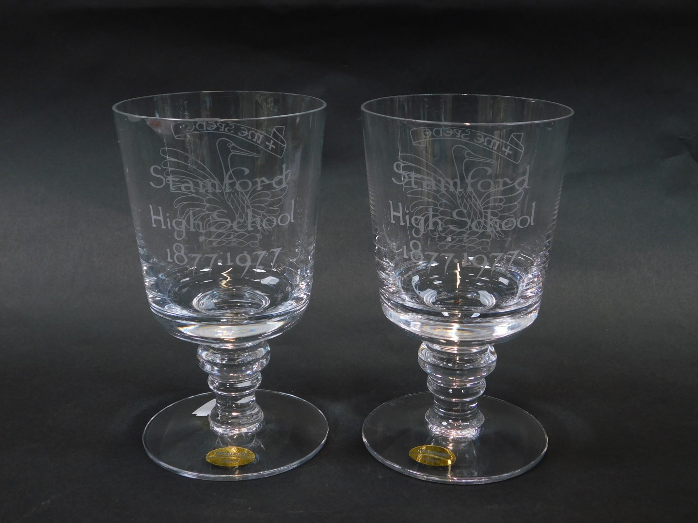 A pair of Wedgwood cut glass Stamford High School Centenary goblets, etched Stamford High School - Image 2 of 2