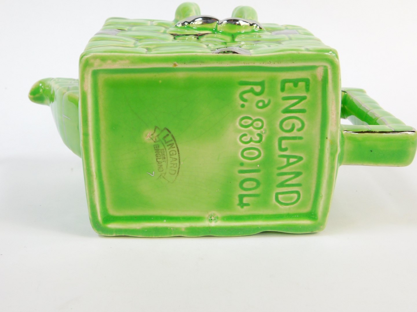 A Lingard pottery teapot modelled as Humpty Dumpty, sitting on the wall, green and silver lustre - Image 2 of 3