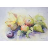 Daphne Winsor (British 20th/21stC). Still life of fruit and autumn leaves, watercolour, signed, 21cm