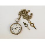 A Continental lady's silver cased pocket watch, open faced, key wind, white enamel dial painted with