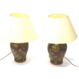 A pair of terracotta baluster shaped Indian style table lamps, each decorated with flowers on a