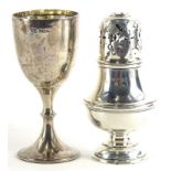 A George V silver sugar castor, with pierced top, baluster base and domed foot, London 1910, and a