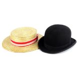 A gentleman's lightweight bowler hat, size 6 7/8 and an Olney straw boater, size 6½.