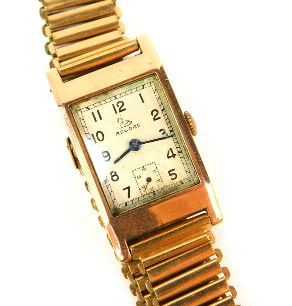 A 9ct rose gold Record Art Deco tank design gentleman's wristwatch with Swiss 15 jewel movement,