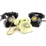 Three vintage telephones, G.P.O black Bakelite telephone, with call exchange, another similar