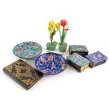 Miscellaneous oriental items etc., to include a pair of coloured glass flowers (AF), a cloisonne