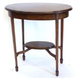 An Edwardian mahogany and chequer banded oval occasional table, the top with a moulded edge, on