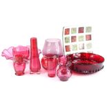 A collection of coloured glass, to include a Victorian cranberry tinted bowl with petallated border,