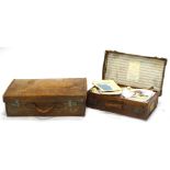 Two vintage leather suitcases, to include one with label for the Henderson Line, in Rangoon,