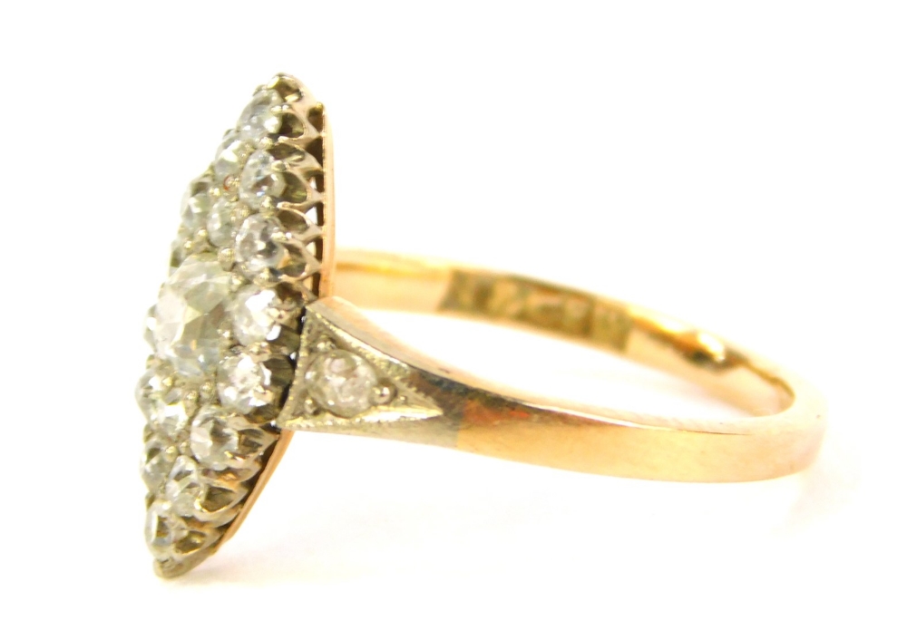 An 18ct gold diamond marquise cluster ring, set with old cut stones to the shoulders and mount, 3.1g - Image 2 of 3