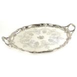 A Victorian Elkington & Co oval two handled tray, with engraved and cast decoration in neo classical