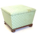 A Victorian mahogany Ottoman, upholstered in turquoise geometric pattern fabric, the hinged lid