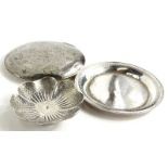 Three continental silver coloured metal items, to include a pansy shaped bowl with hammered