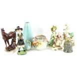 A collection of ceramics, to include a Studio type vase titled Micky, continental figurines, etc.