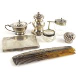 A collection of small silver etc., to include a coffee grinder, scent bottle lid, mustard pot with