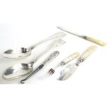 A collection of silver and silver mounted cutlery etc., to include two 19thC silver tablespoons,