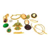 A selection of costume jewellery, including cameo brooches, jade coloured ring, flat curb