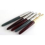 Five various coloured Parker 61 fountain pens, to include two in pale green, three burgundy.