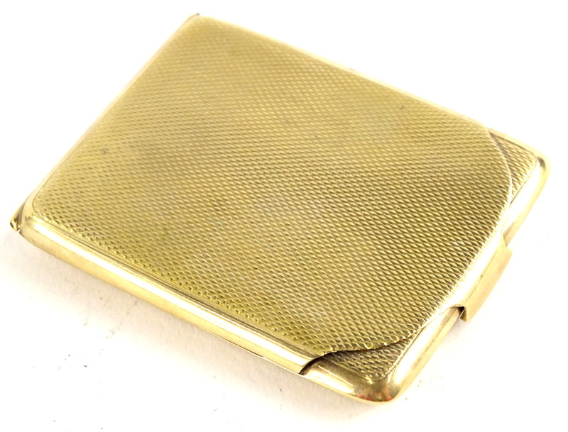 A 9ct gold match case, with engine turned decoration, bearing inscription Malcolm Xmas 1926, maker