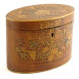 A George III maple tea caddy, of oval form, marquetry inlaid with various flowers and flower