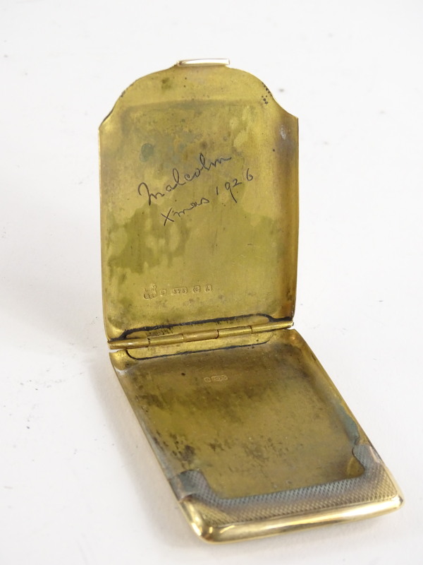 A 9ct gold match case, with engine turned decoration, bearing inscription Malcolm Xmas 1926, maker - Image 2 of 2