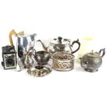 A collection of items, to include a 19thC silver plated teapot, with ebonised knop and fruitwood