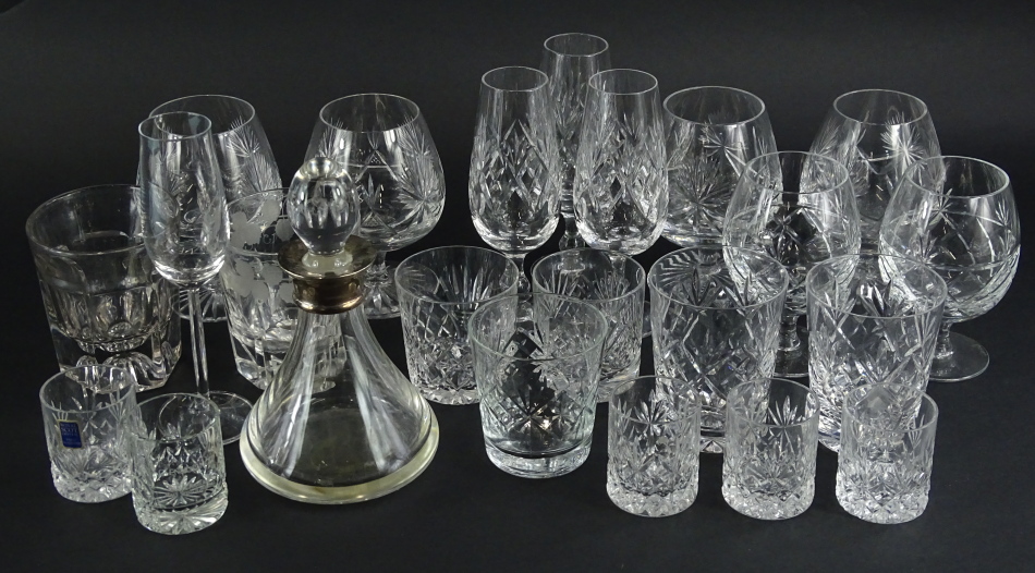 A quantity of cut glass, to include brandy glasses, champagne glasses, etc., two 19thC tumblers