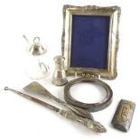 Various silver and silver mounted items etc., to include frames, button hooks, shoe horn, pepper