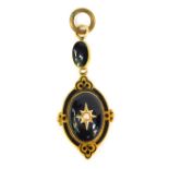 A Victorian double drop memorial pendant, with black enamel on gilt metal decoration, set with black