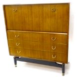 A G-Plan type mahogany bureau, with fall front above three drawers on ebonised base, 96cm wide.