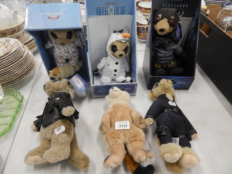 Six meerkat collectors items, comprising a limited edition Aleksander as Batman, boxed with