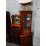 A yew veneered standing corner cabinet, a mahogany bureau, a pine dressing table mirror and a