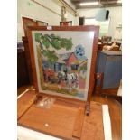 An oak framed fire screen, with embroidered panel.